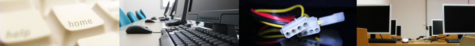 Bild einer Tastatur, Bilder von Computern mit Bildschirmen und Bilder eines Computer-Netzteils